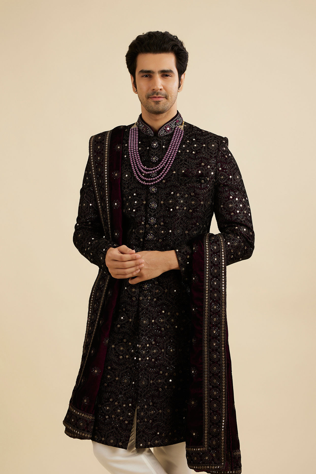 Manyavar Men Grape Wine Jaal Embroidered Sherwani Set with Stone Work