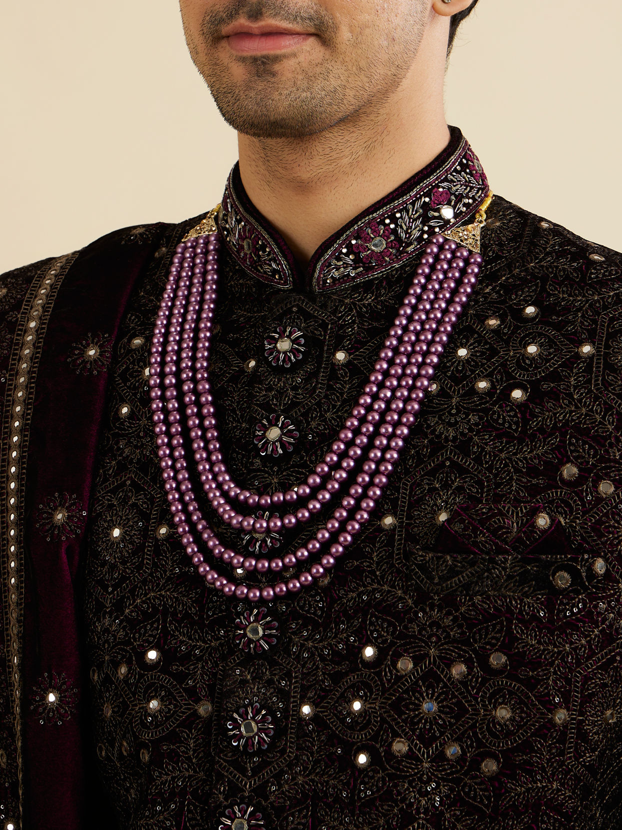 Manyavar Men Grape Wine Jaal Embroidered Sherwani Set with Stone Work