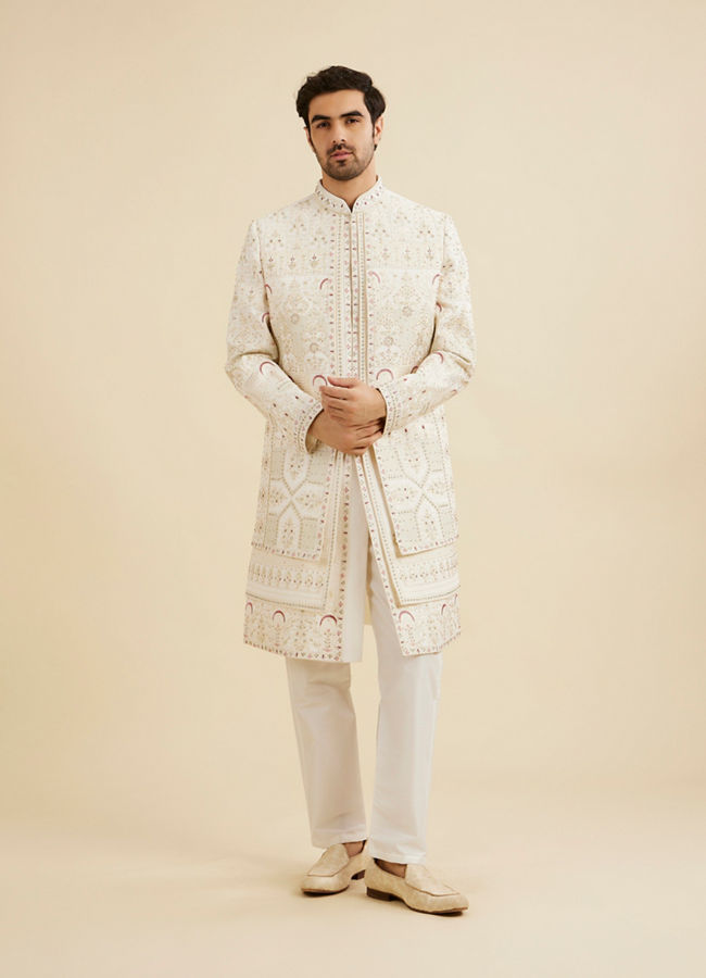 Manyavar Men Cream White Imperial Jaal Patterned Sherwani Set