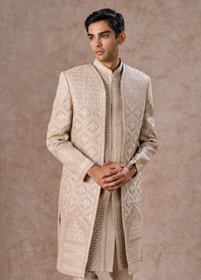 Manyavar Men Dazzling Beige Elegance Sherwani