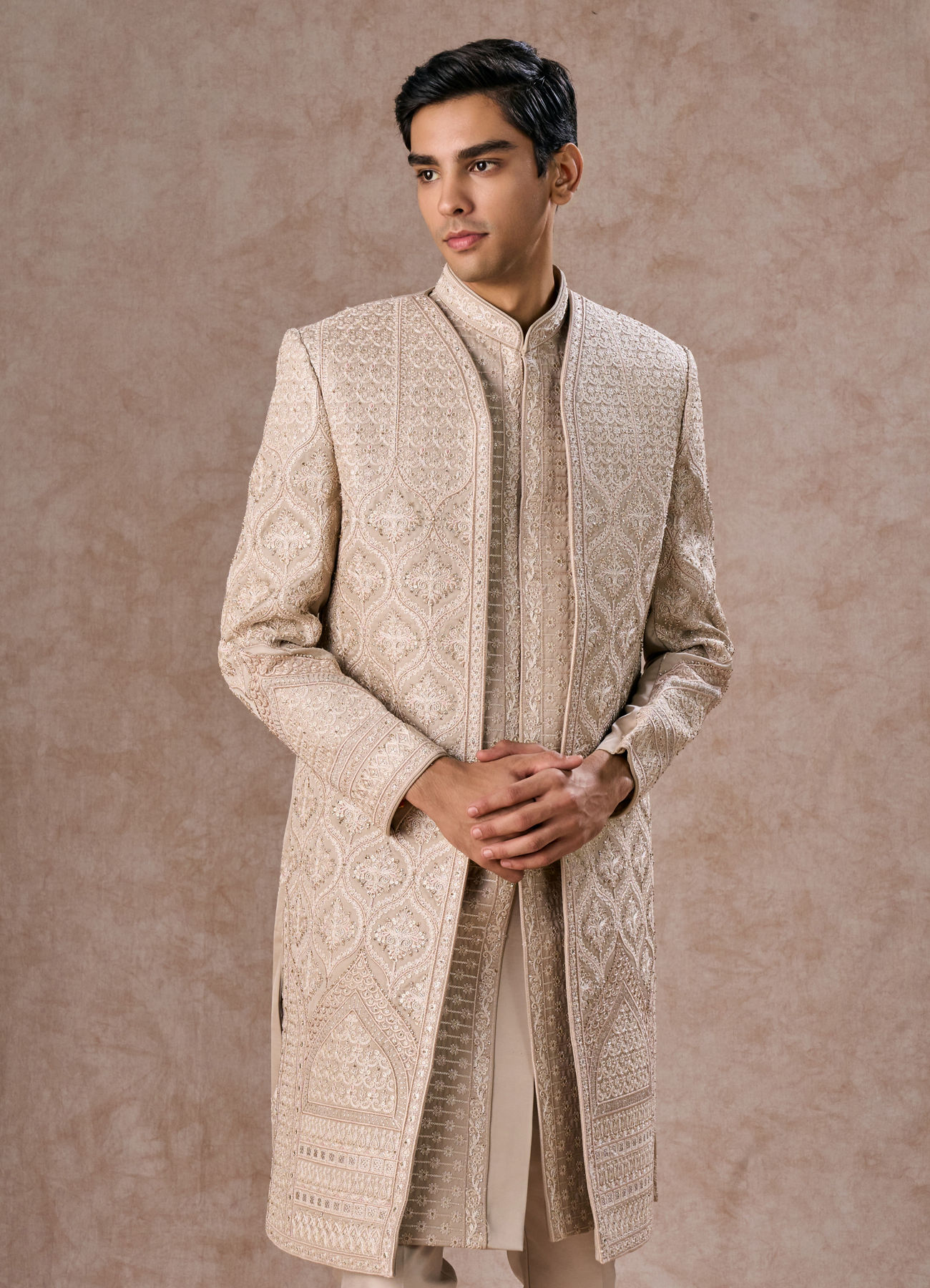 Manyavar Men Dazzling Beige Elegance Sherwani