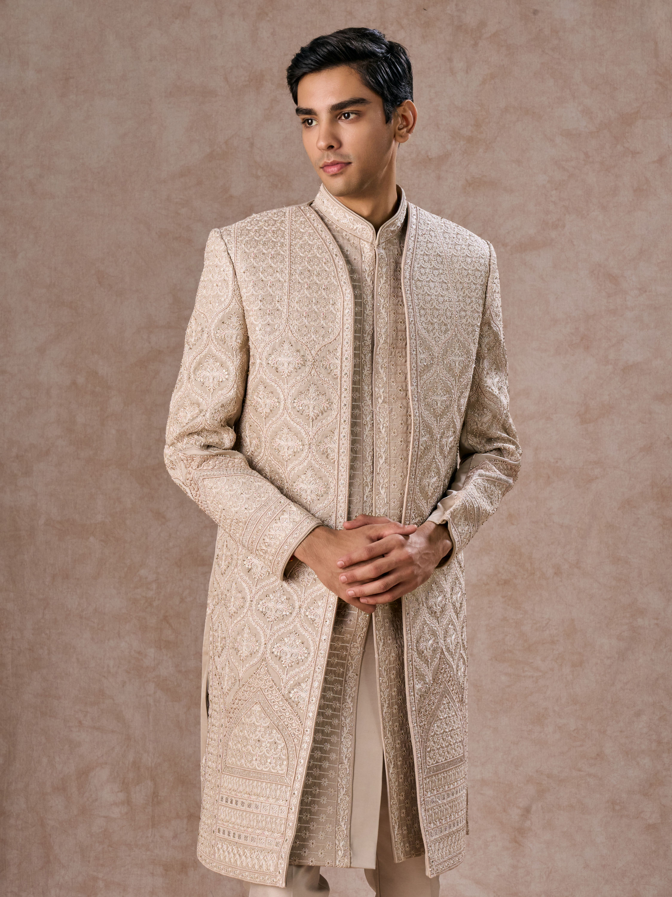 Manyavar Men Dazzling Beige Elegance Sherwani