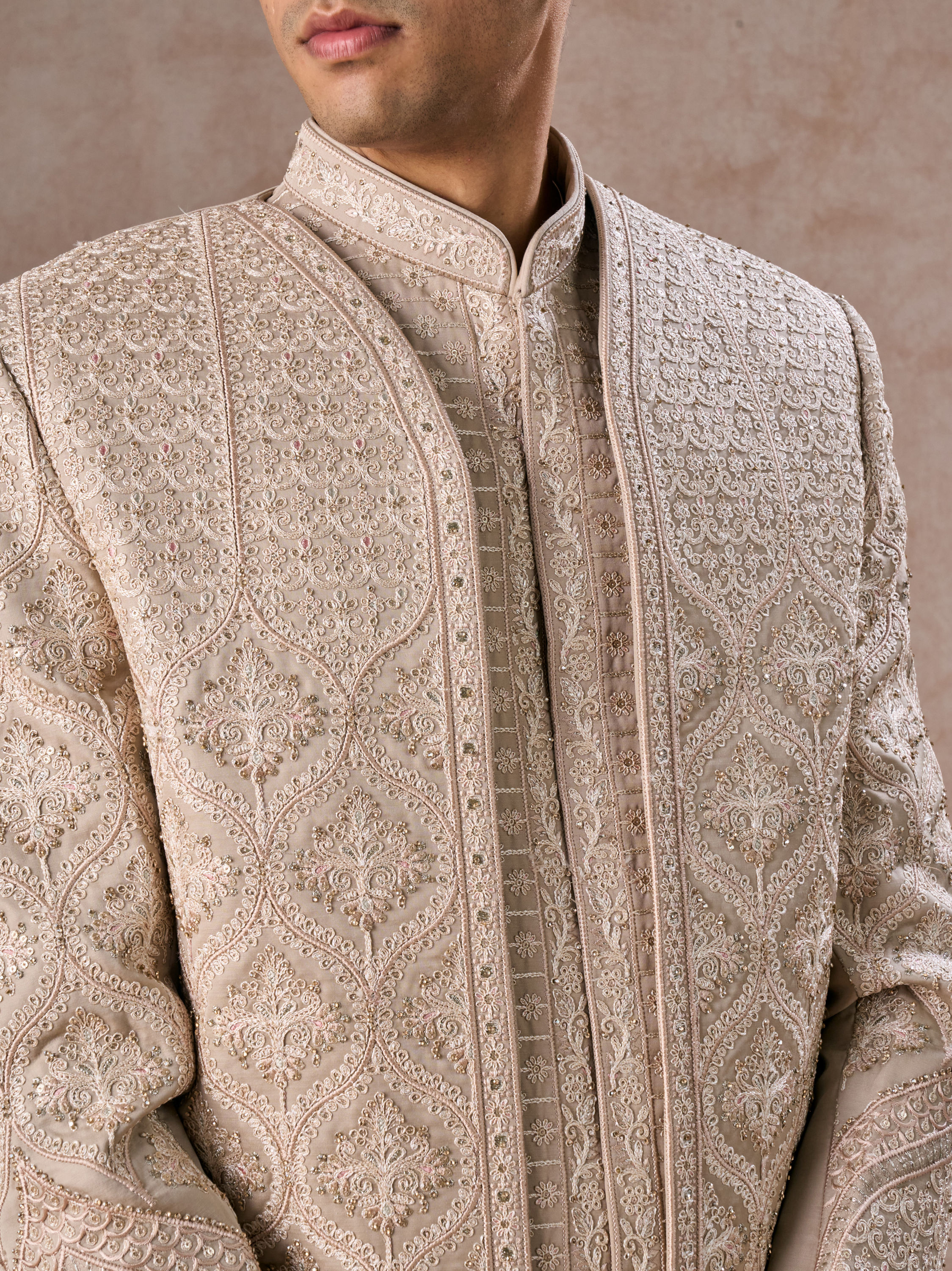Manyavar Men Dazzling Beige Elegance Sherwani