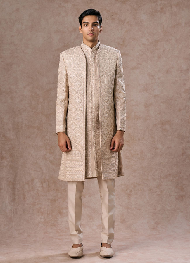 Manyavar Men Dazzling Beige Elegance Sherwani
