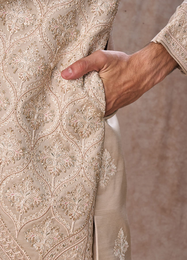 Manyavar Men Dazzling Beige Elegance Sherwani