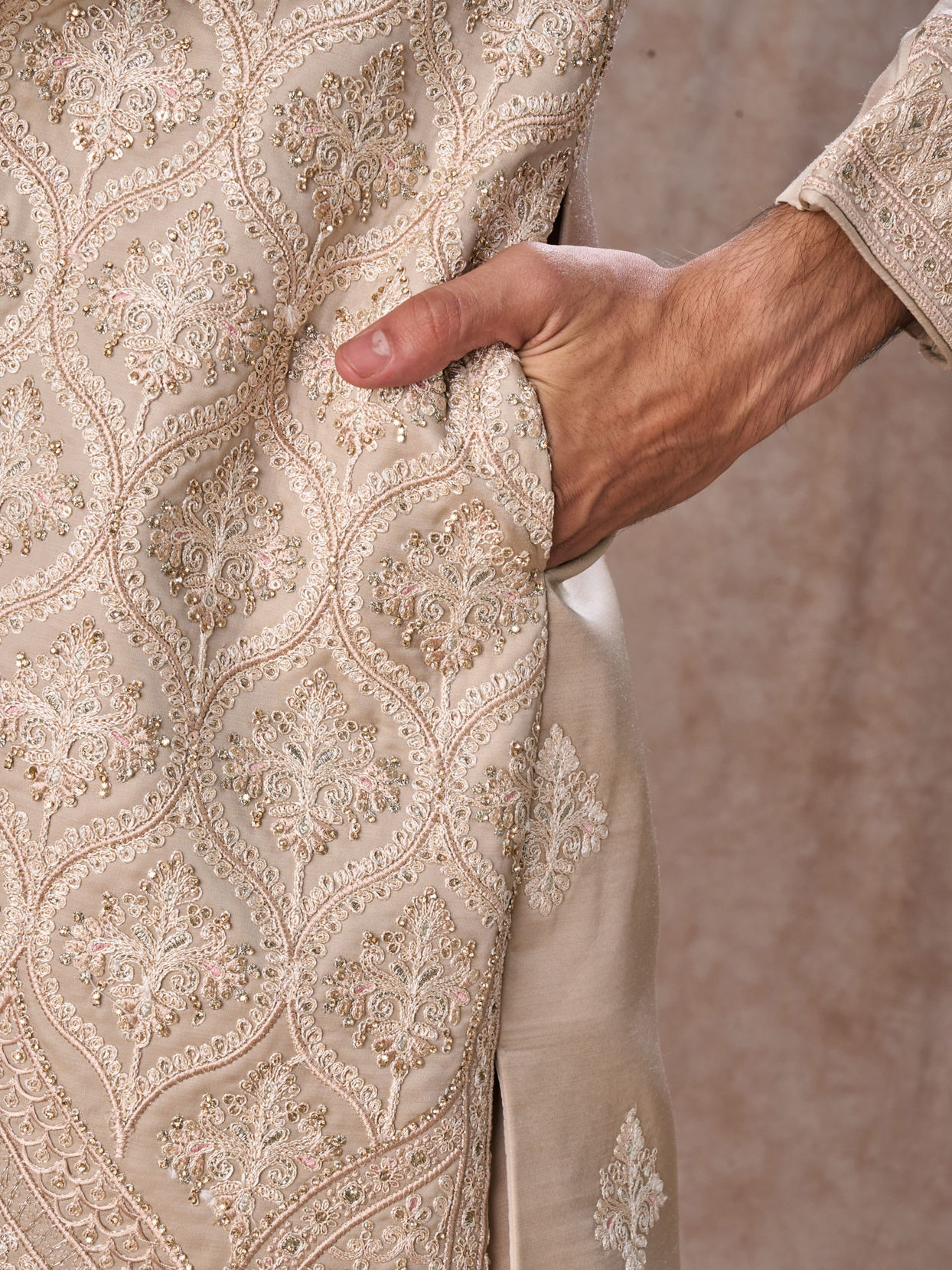Manyavar Men Dazzling Beige Elegance Sherwani