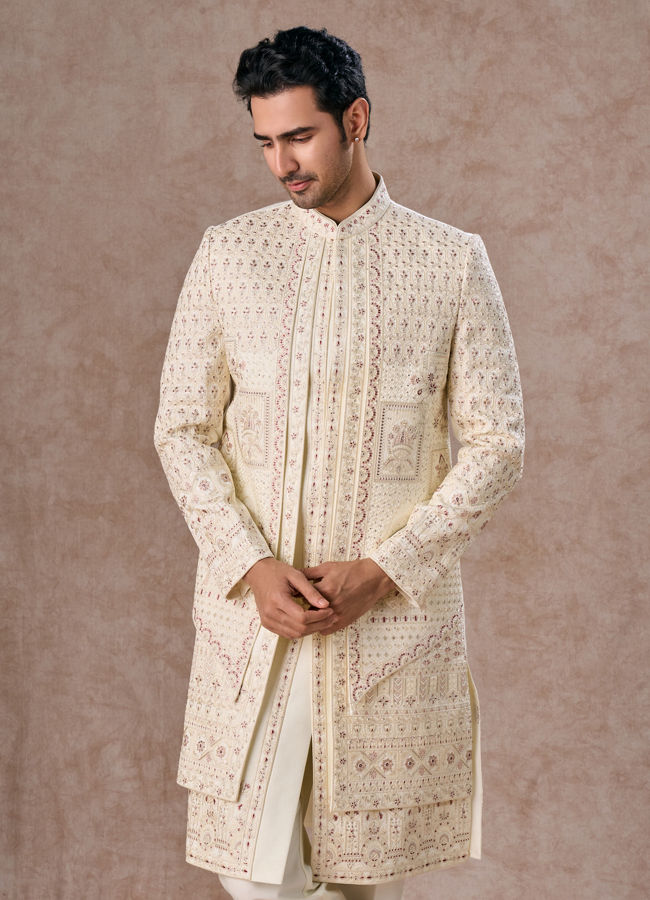 Manyavar Men Cream Extravaganza Open Sherwani
