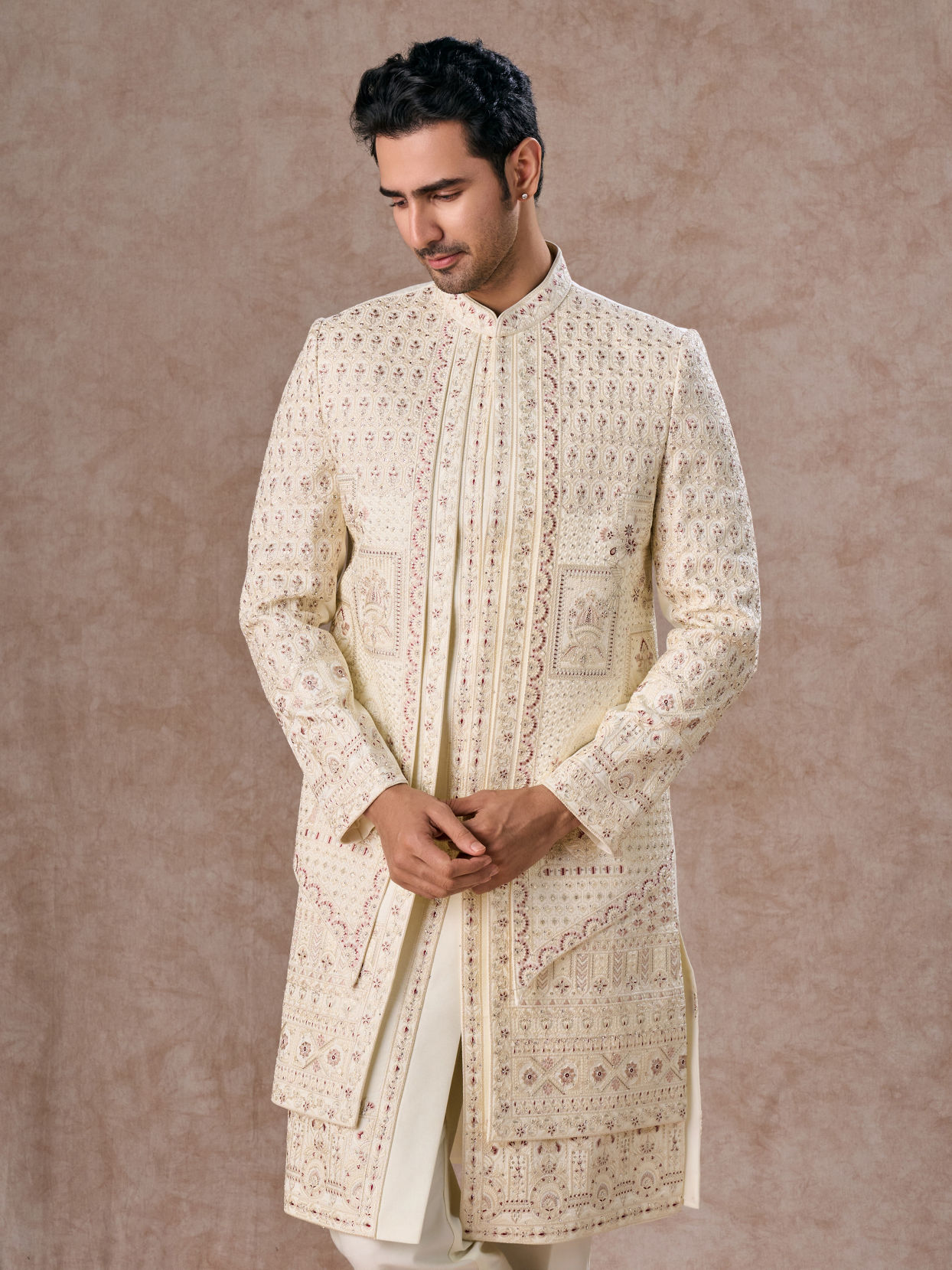 Manyavar Men Cream Extravaganza Open Sherwani