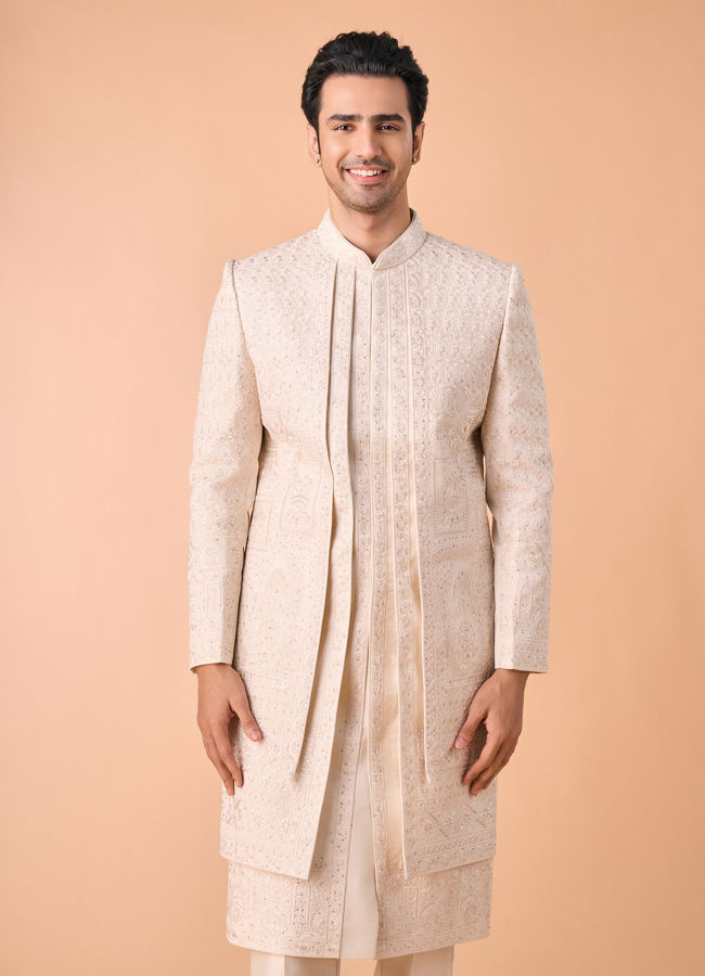 Manyavar Men Beige Royalty Open Sherwani