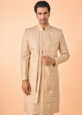 Manyavar Men Golden Hue Opulence Open Sherwani