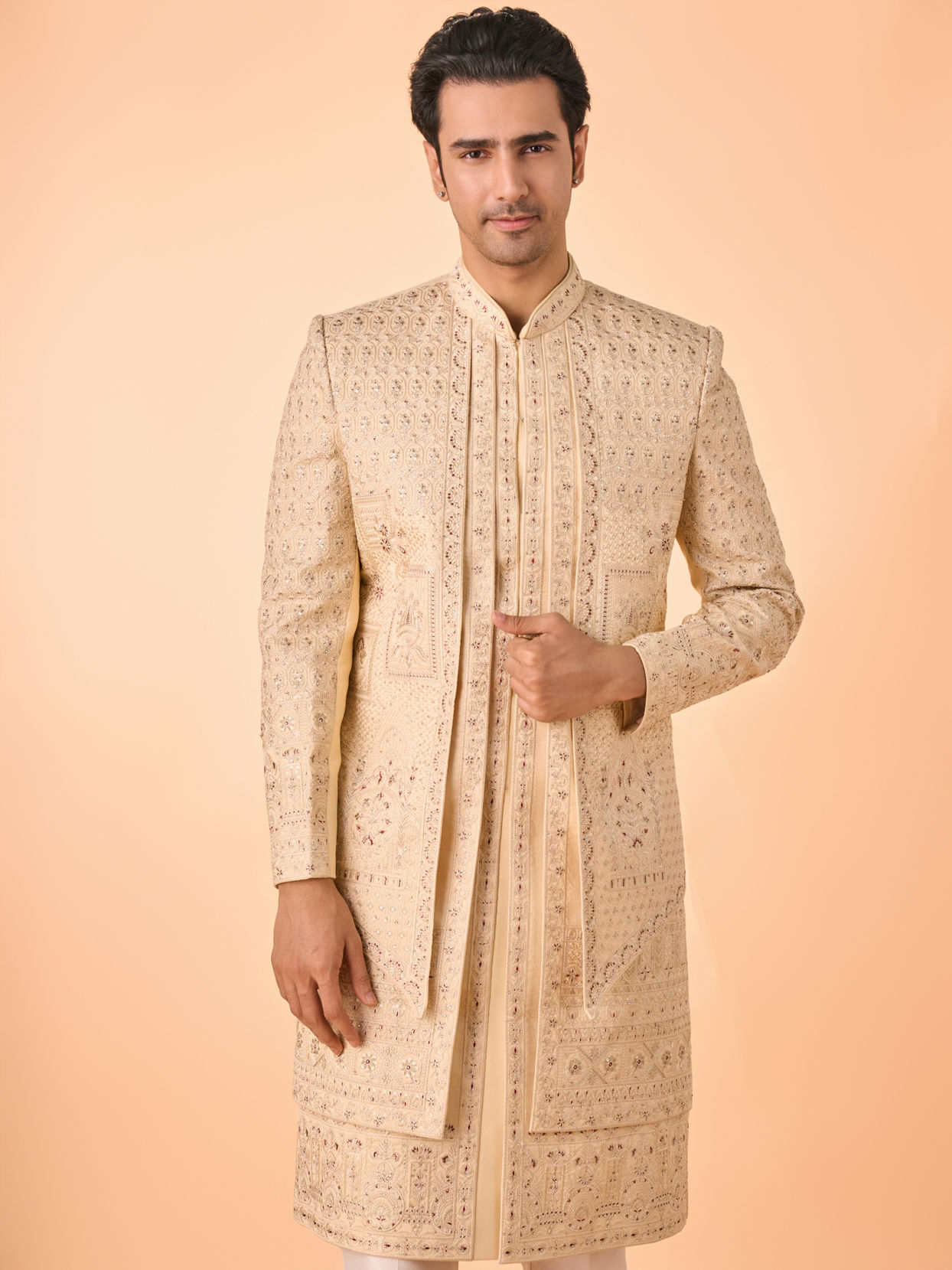 Manyavar Men Golden Hue Opulence Open Sherwani