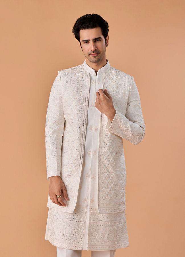 Manyavar Men Graceful White Open Sherwani
