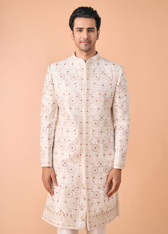 Manyavar Men White Art Silk Sherwani with Churidar