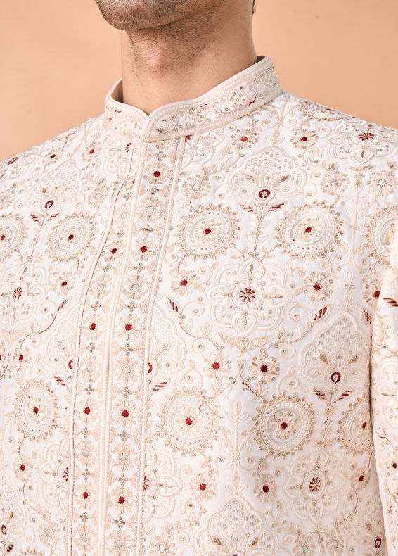 Manyavar Men White Art Silk Sherwani with Churidar