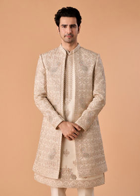 Manyavar Men Beige Elegance Open Sherwani