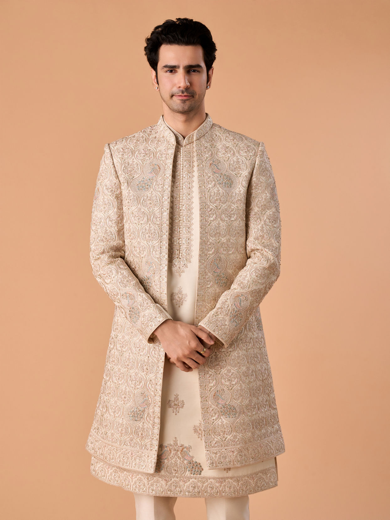 Manyavar Men Beige Elegance Open Sherwani
