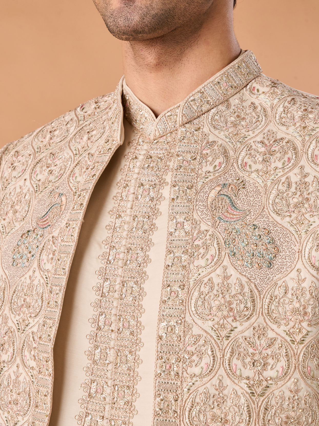 Manyavar Men Beige Elegance Open Sherwani