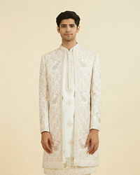 Manyavar Men White-Pink Open Sherwani Set