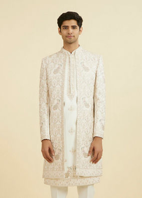 Manyavar Men White-Pink Open Sherwani Set
