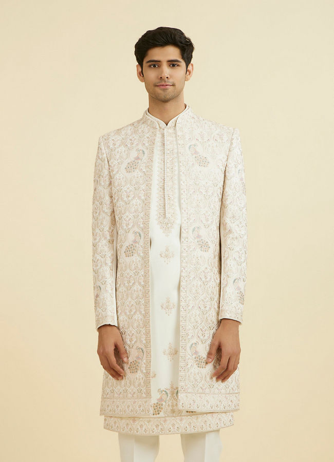 Manyavar Men White-Pink Open Sherwani Set