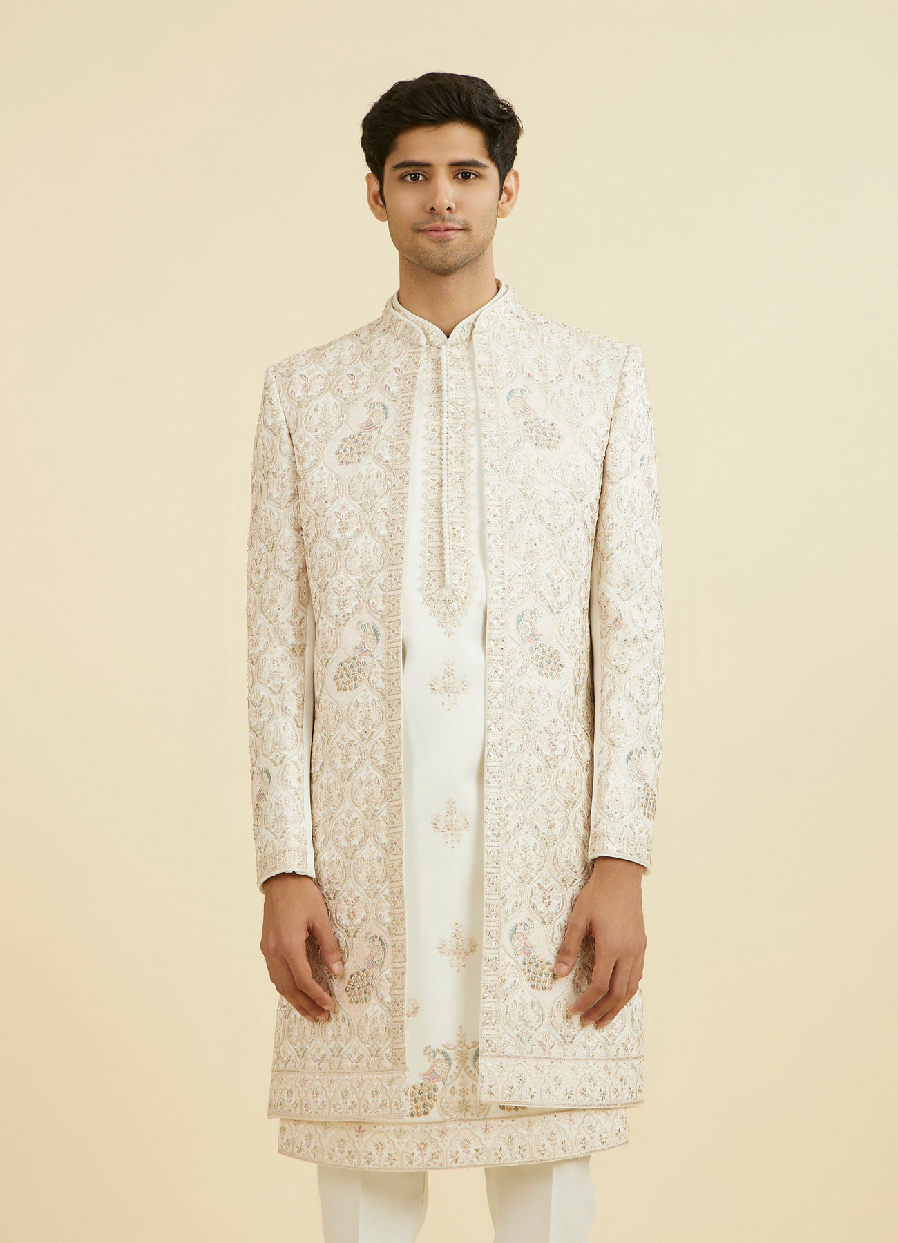 Manyavar Men White-Pink Open Sherwani Set