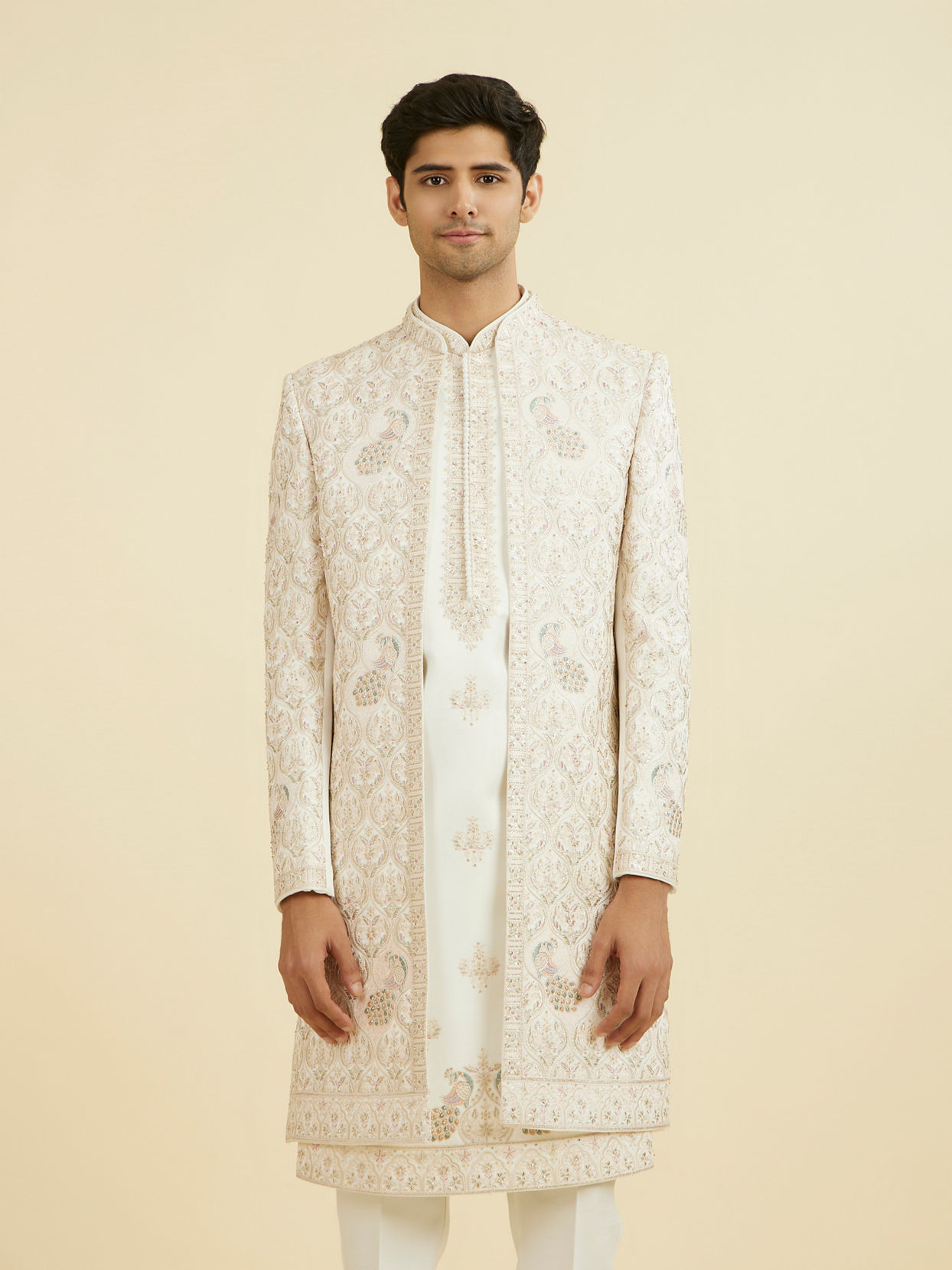 Manyavar Men White-Pink Open Sherwani Set