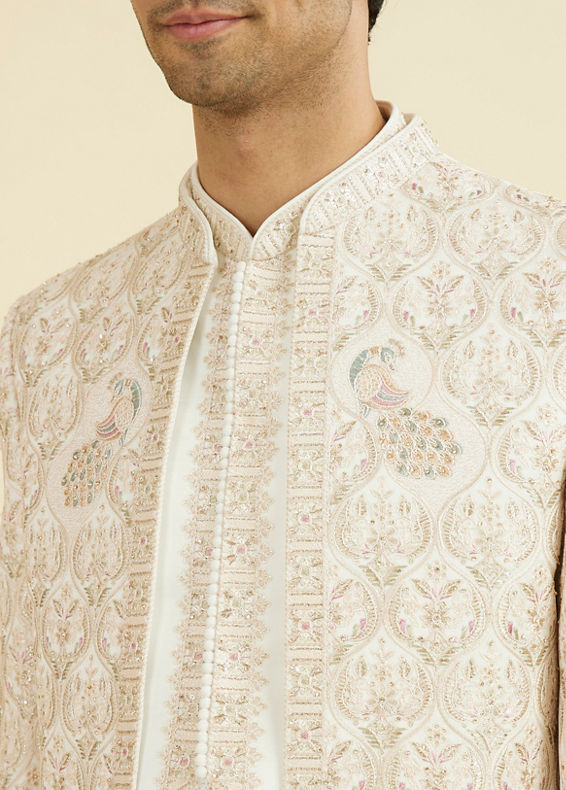 Manyavar Men White-Pink Open Sherwani Set