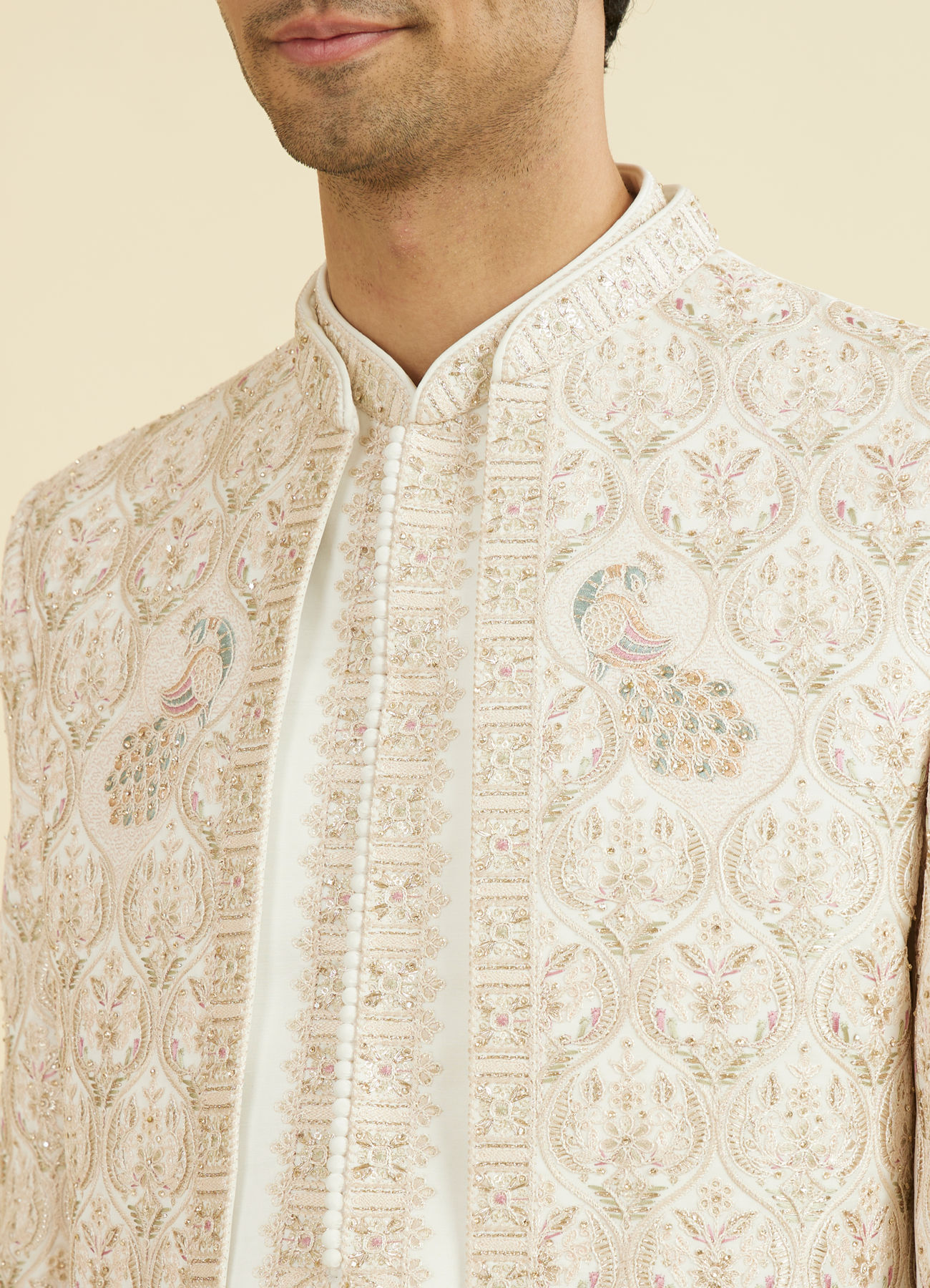 Manyavar Men White-Pink Open Sherwani Set