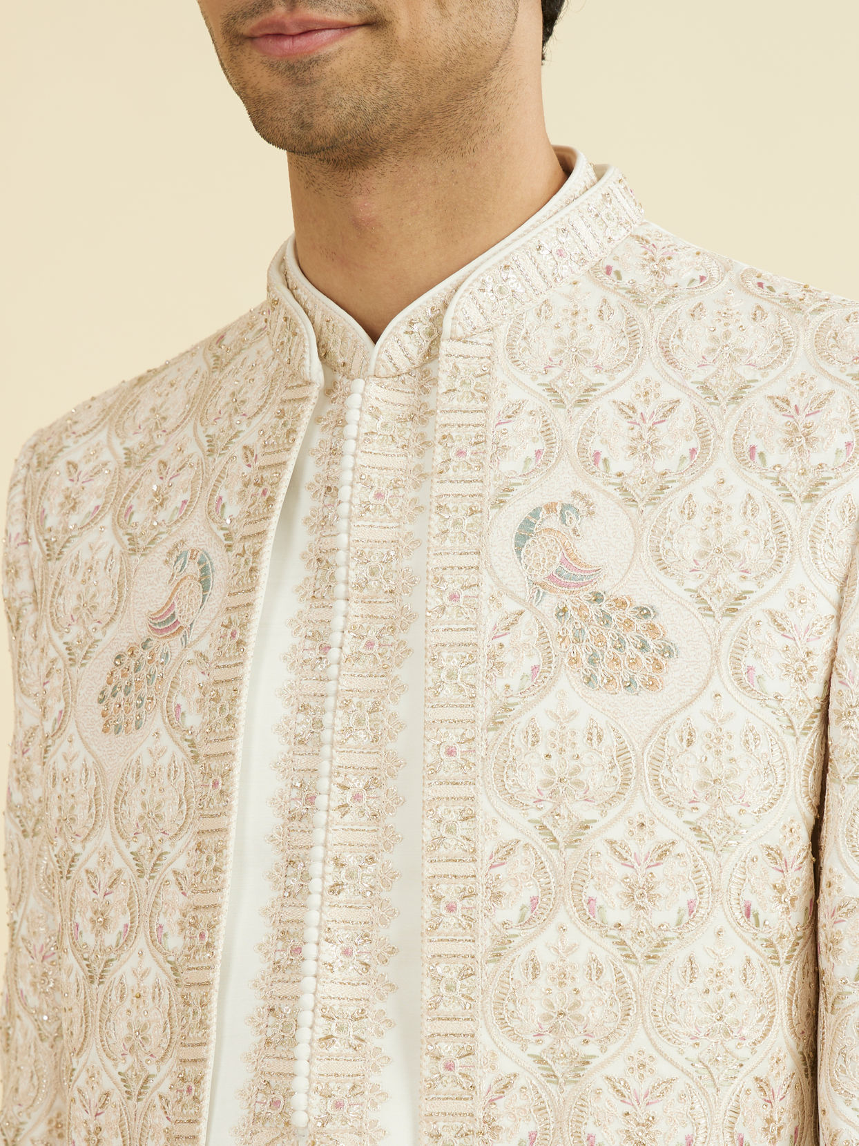 Manyavar Men White-Pink Open Sherwani Set