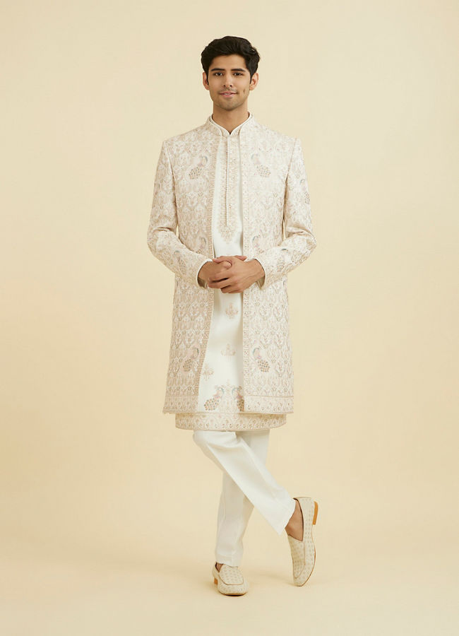Manyavar Men White-Pink Open Sherwani Set
