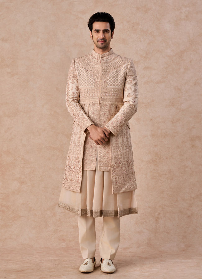 Manyavar Men Champagne Splendor Open Sherwani
