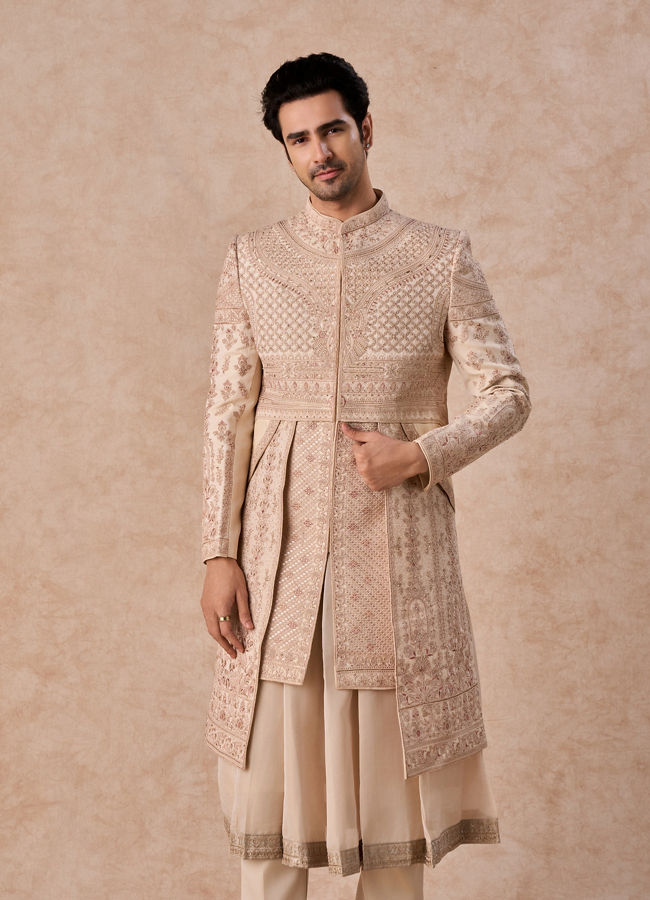 Manyavar Men Champagne Splendor Open Sherwani