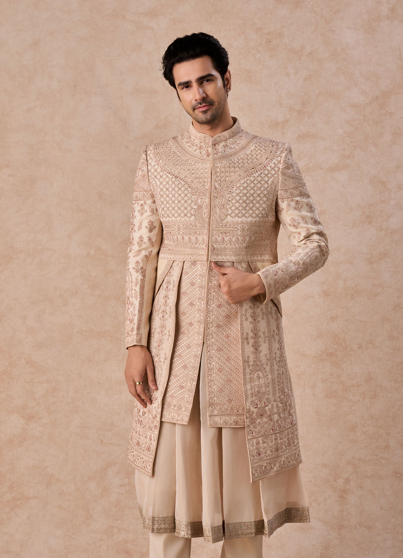 Manyavar Men Champagne Splendor Open Sherwani