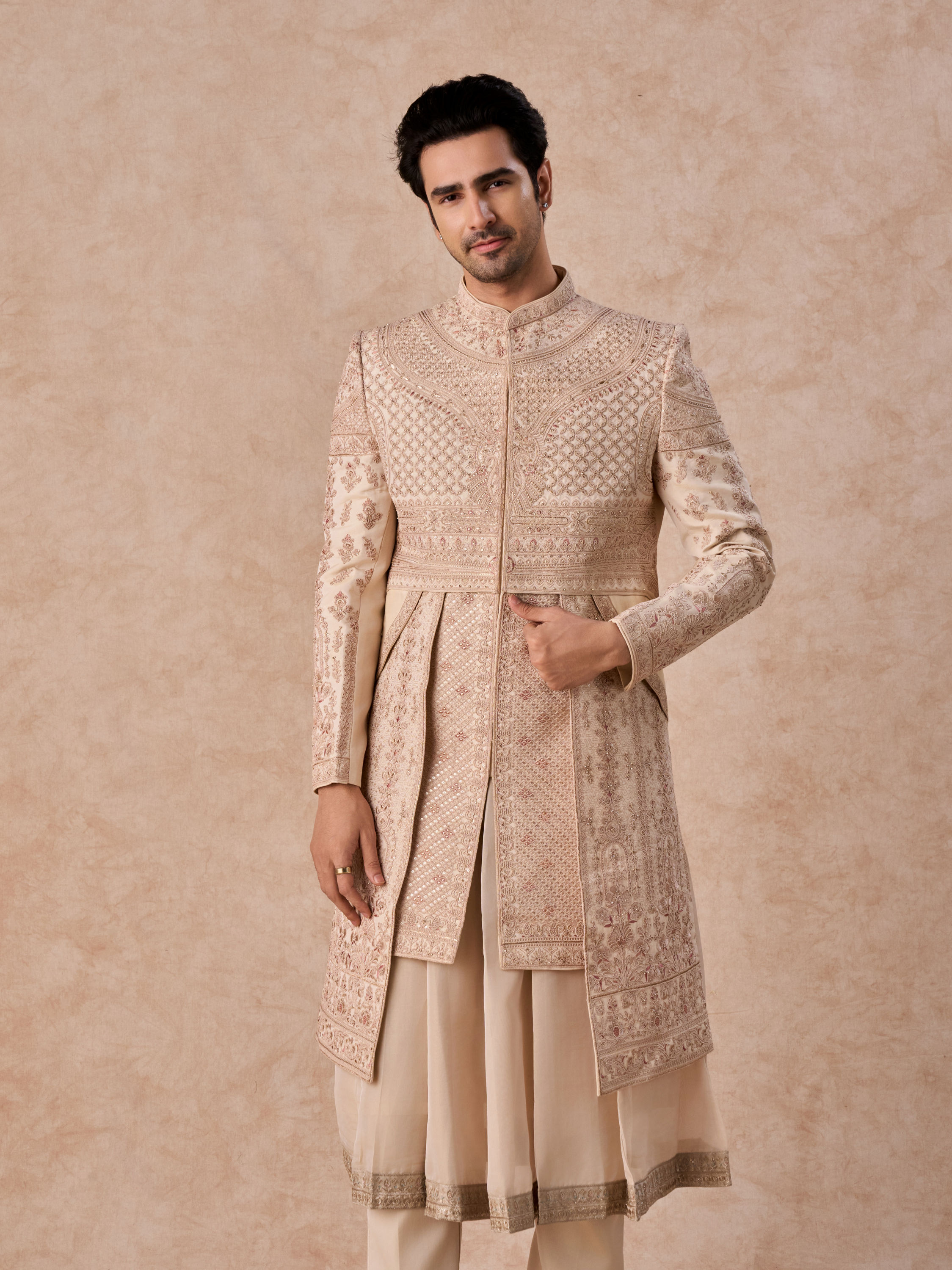 Manyavar Men Champagne Splendor Open Sherwani