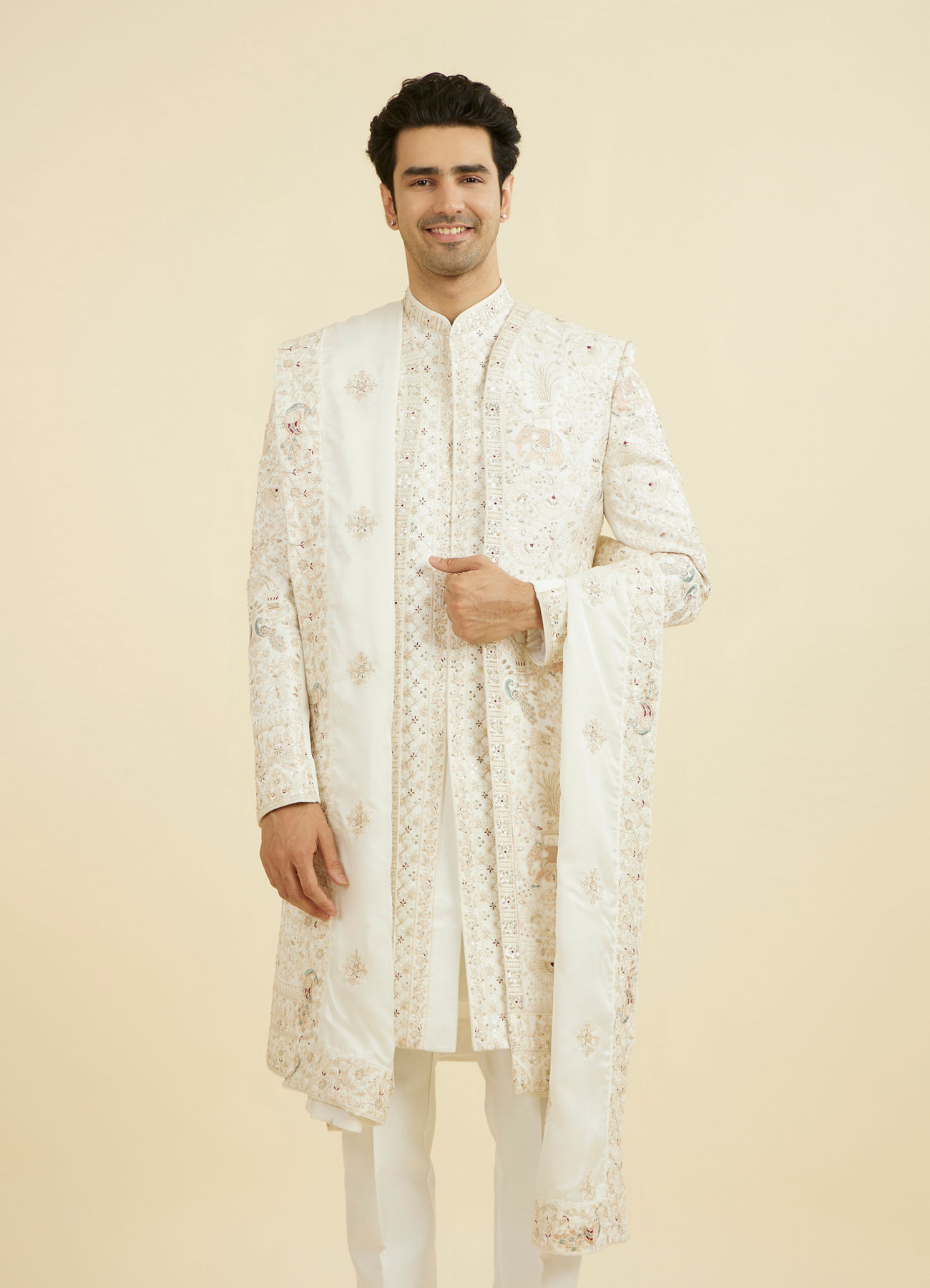 Manyavar Men Warm White Elegance Open Sherwani