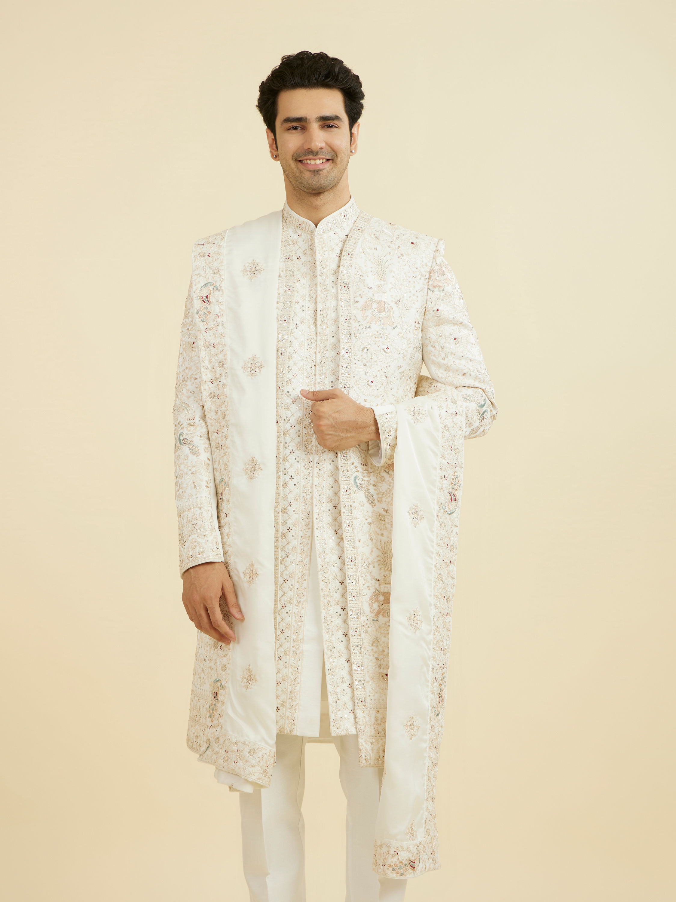 Manyavar Men Warm White Elegance Open Sherwani