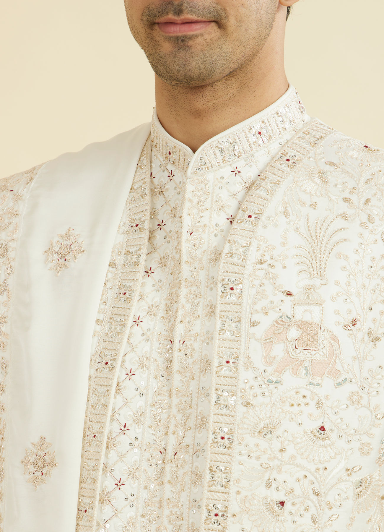 Manyavar Men Warm White Elegance Open Sherwani