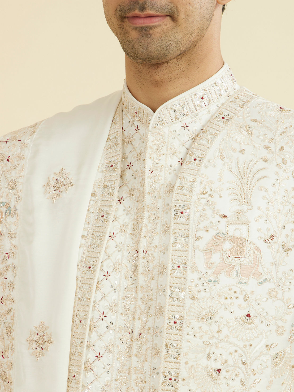 Manyavar Men Warm White Elegance Open Sherwani
