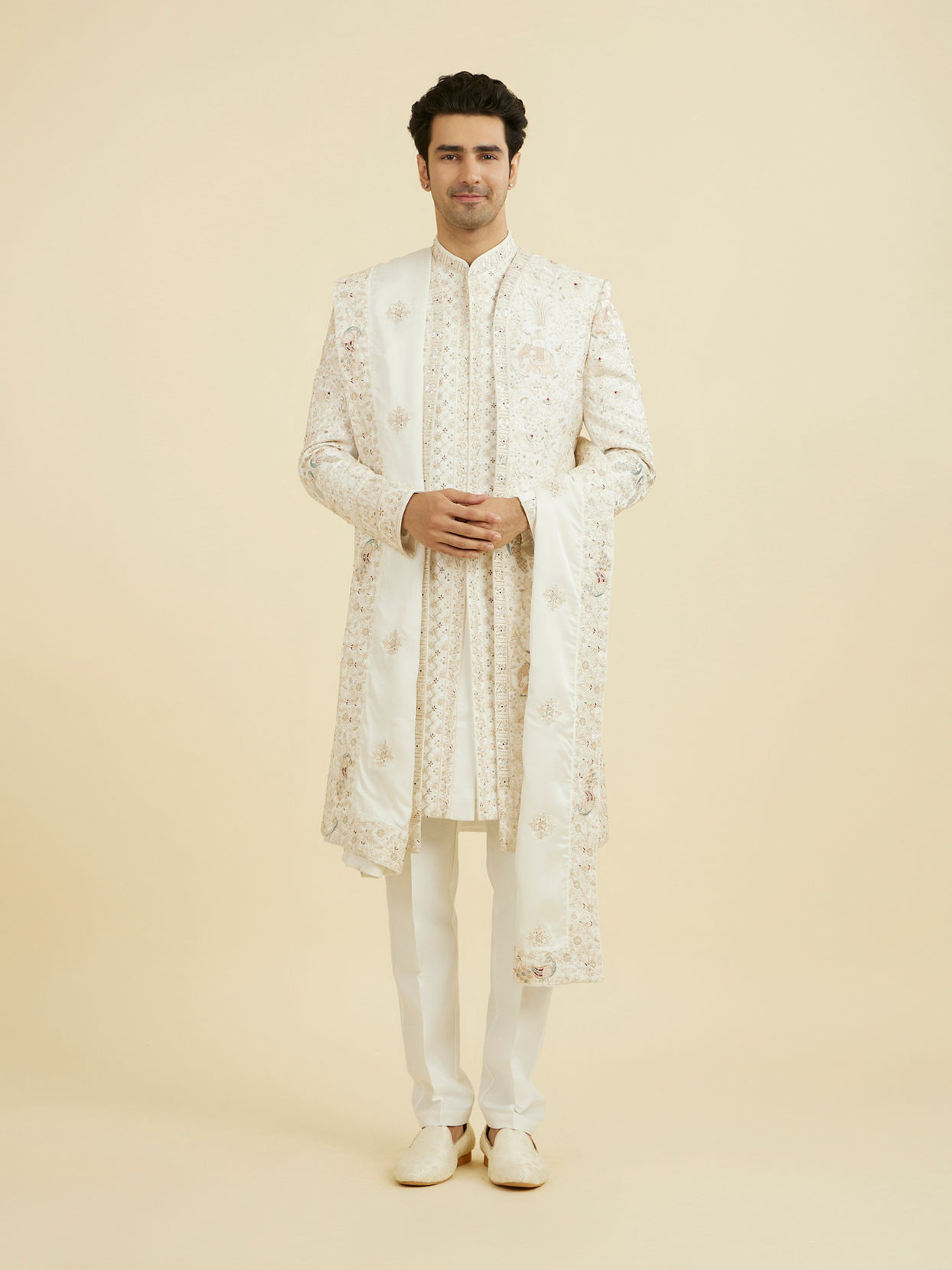 Manyavar Men Warm White Elegance Open Sherwani