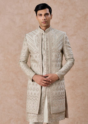Manyavar Men Pista Green Satin Splendor Open Sherwani