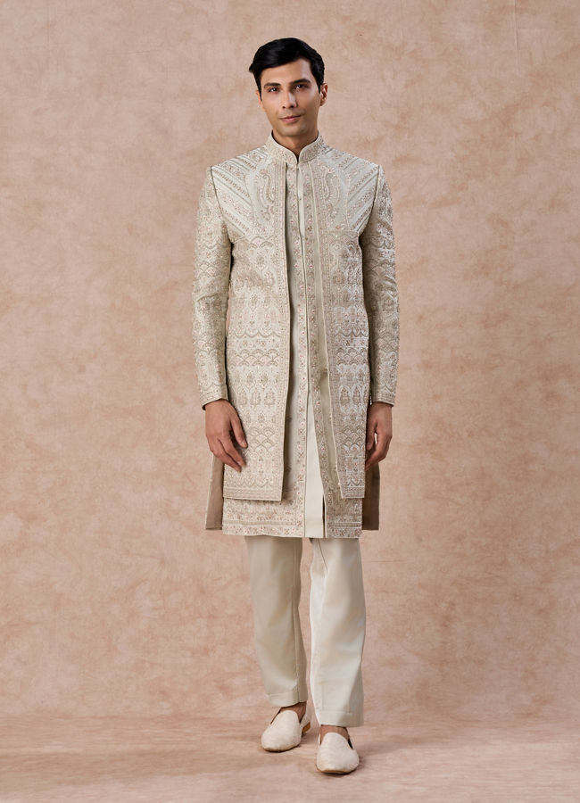 Manyavar Men Pista Green Satin Splendor Sherwani