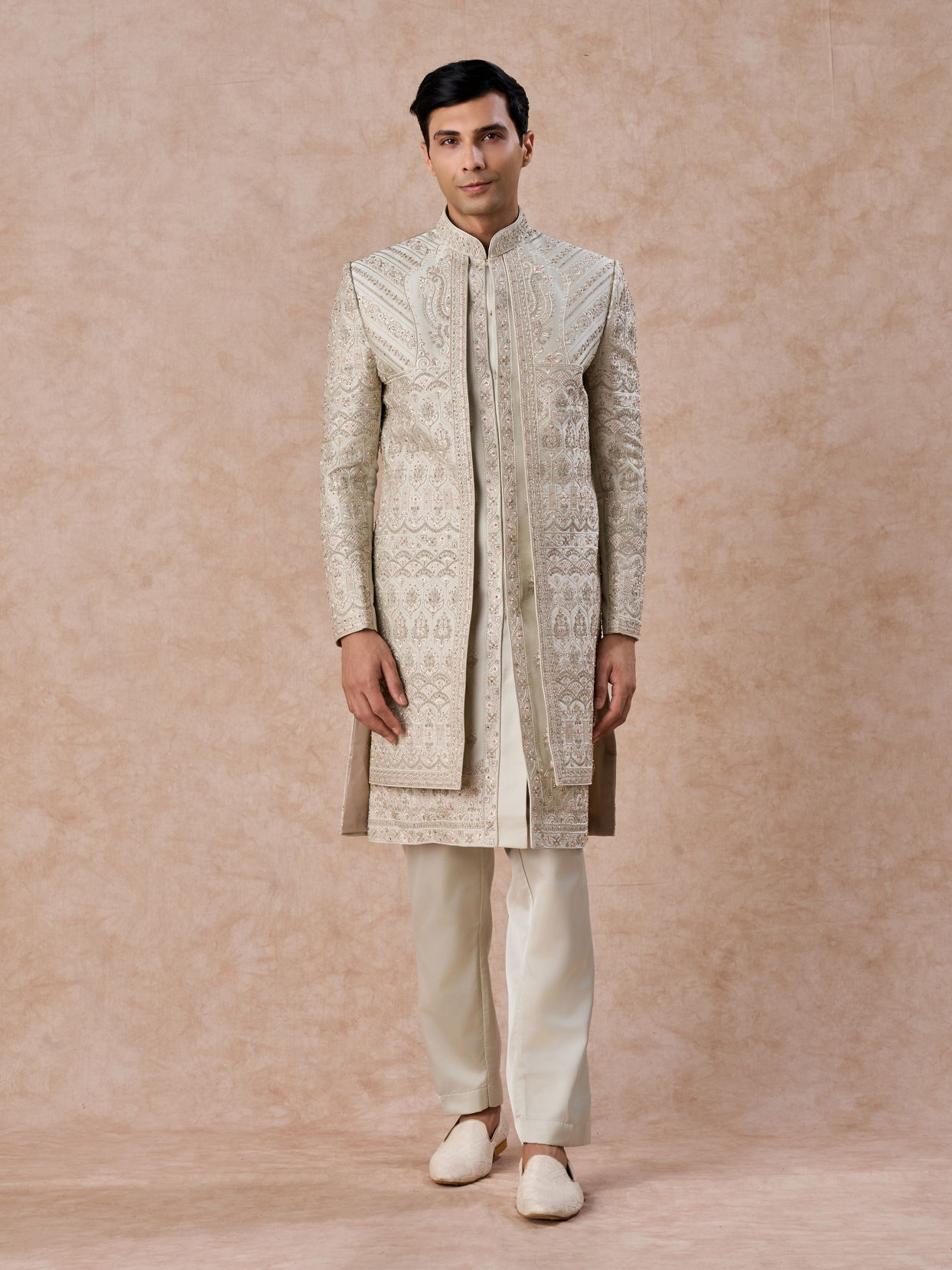 Manyavar Men Pista Green Satin Splendor Sherwani
