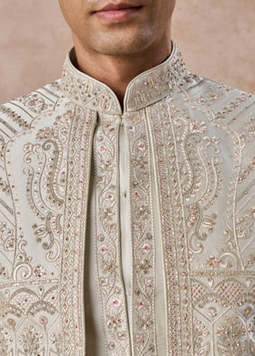 Manyavar Men Pista Green Satin Splendor Open Sherwani