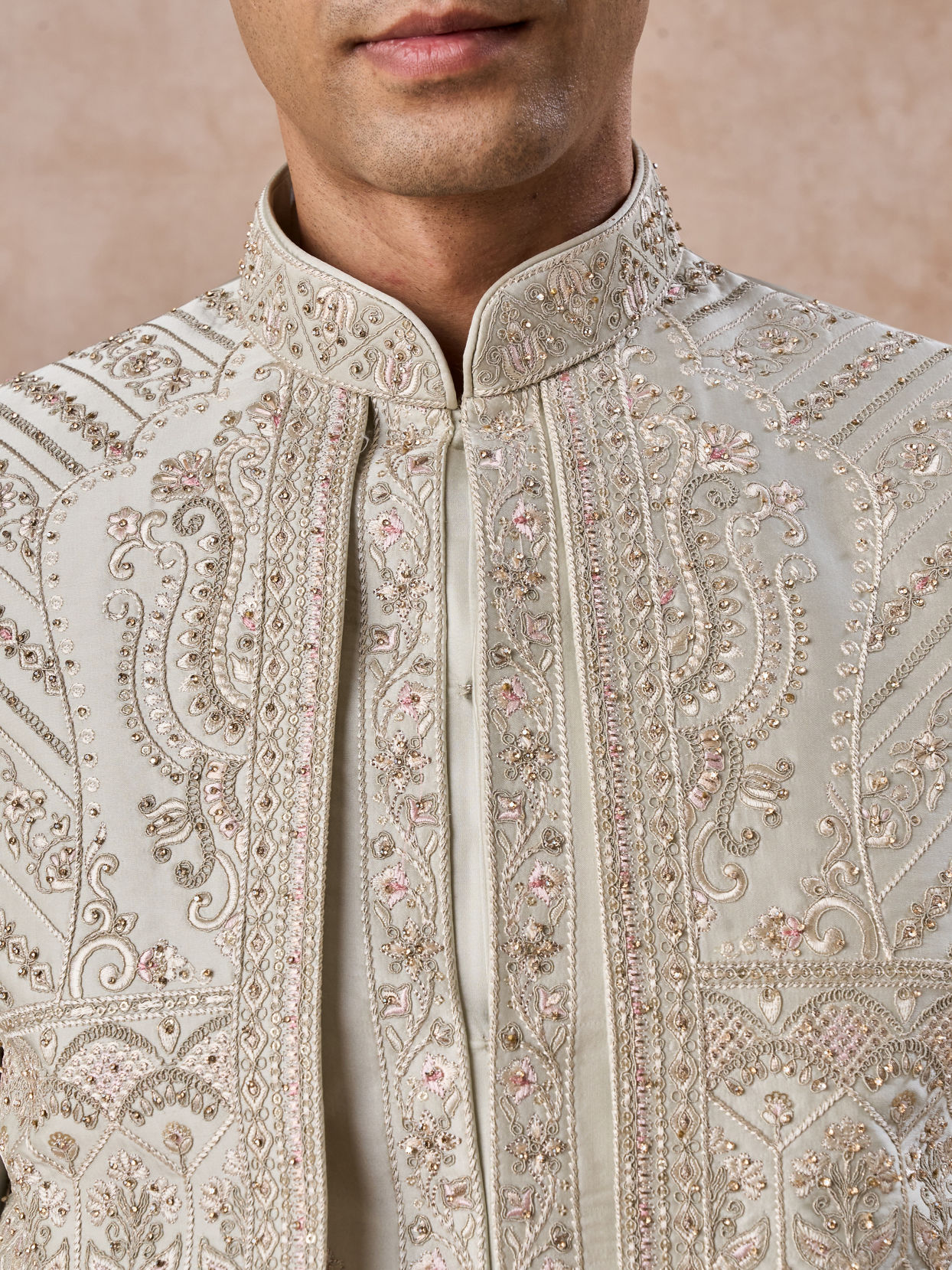 Manyavar Men Pista Green Satin Splendor Open Sherwani