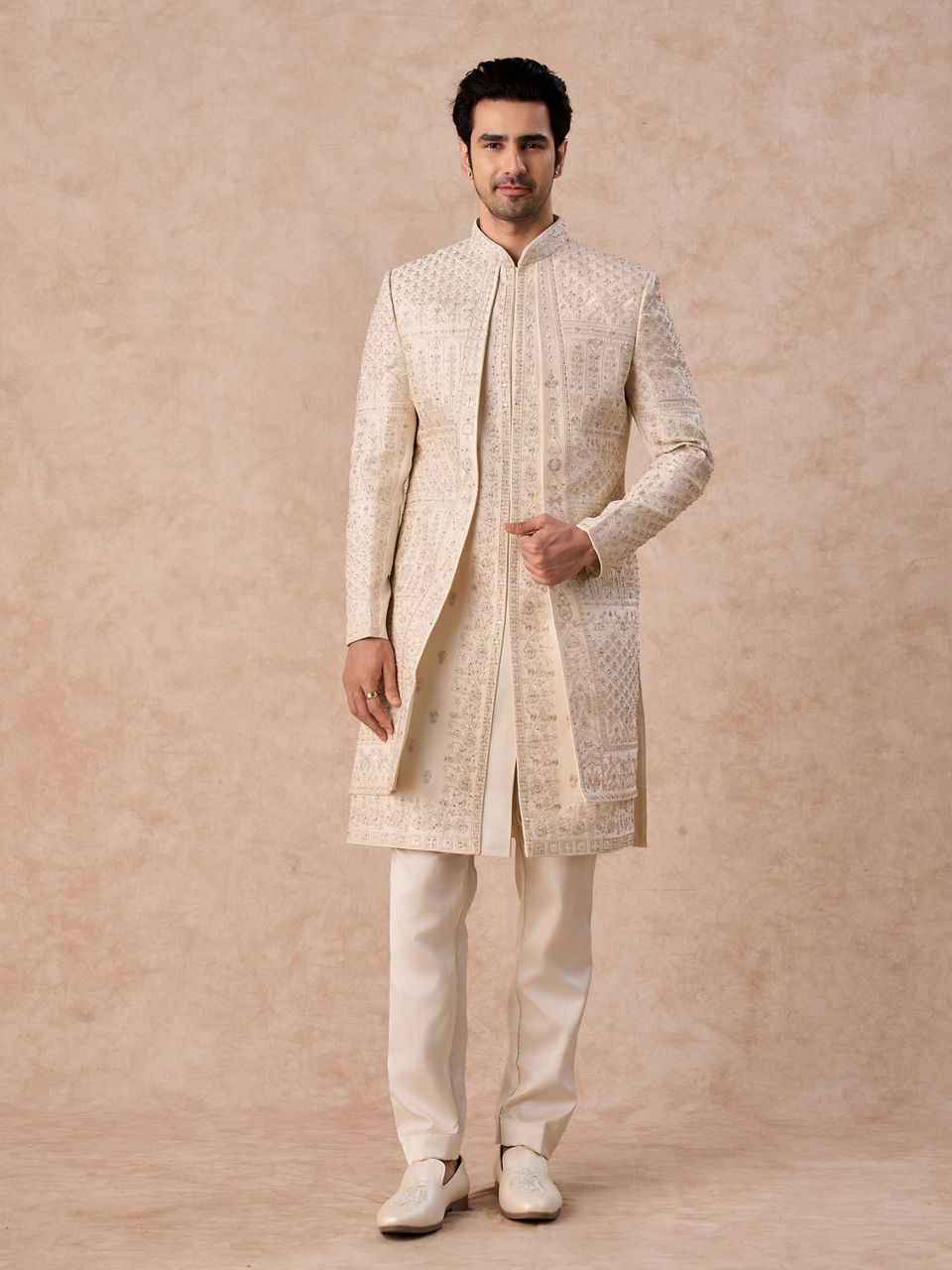 Manyavar Men Beige Satin Effect Sherwani