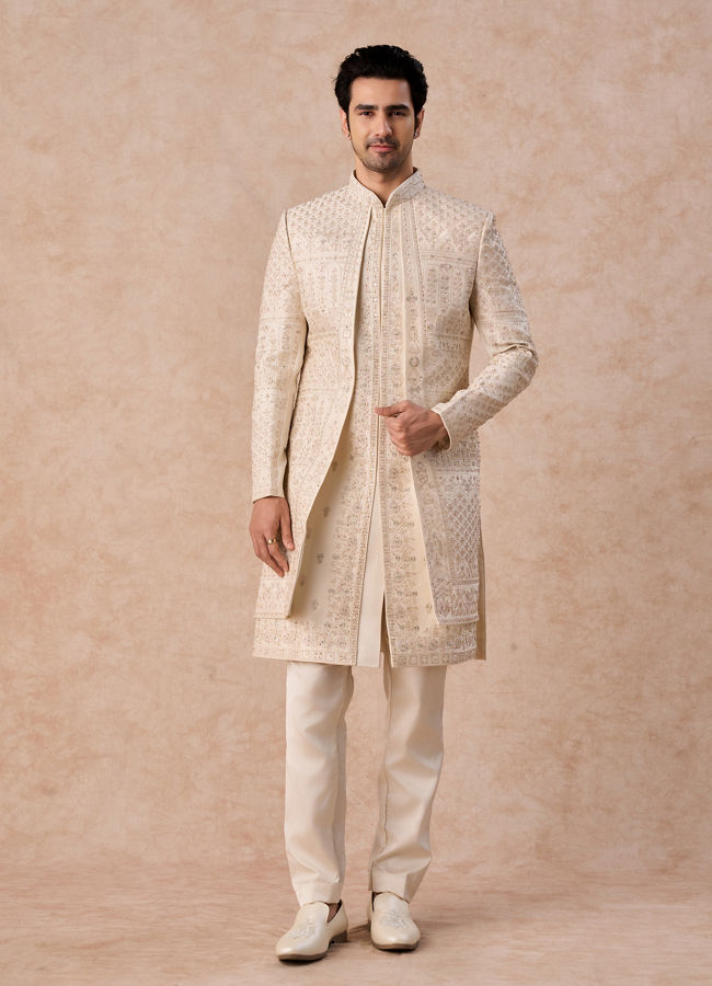 Manyavar Men Beige Satin Effect Sherwani