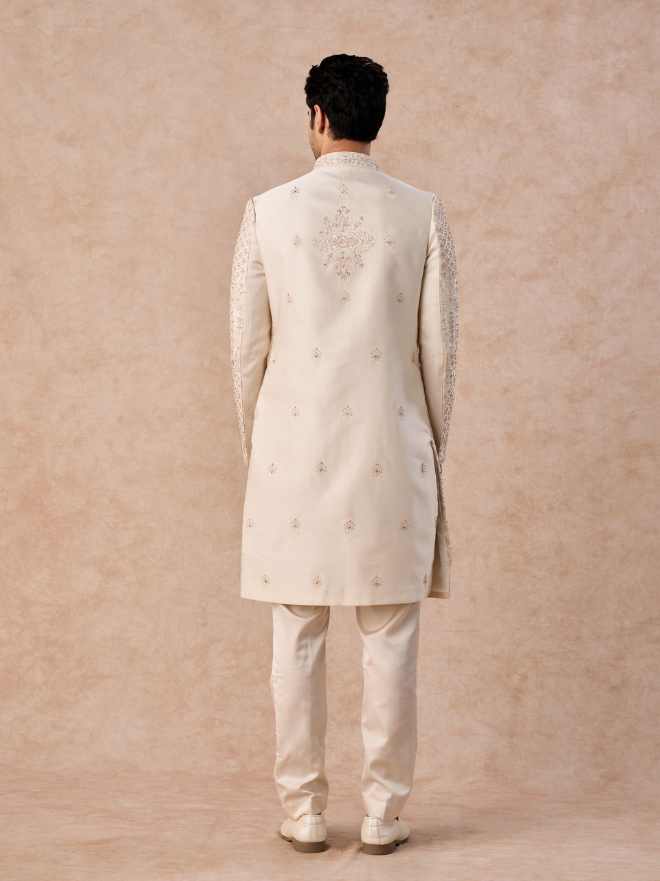 Manyavar Men Beige Satin Effect Sherwani