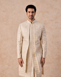 Manyavar Men Beige Satin Effect Open Sherwani