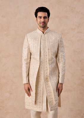 Manyavar Men Beige Satin Effect Open Sherwani