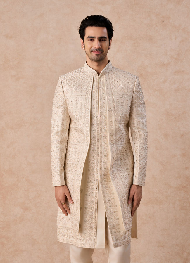 Manyavar Men Beige Satin Effect Sherwani